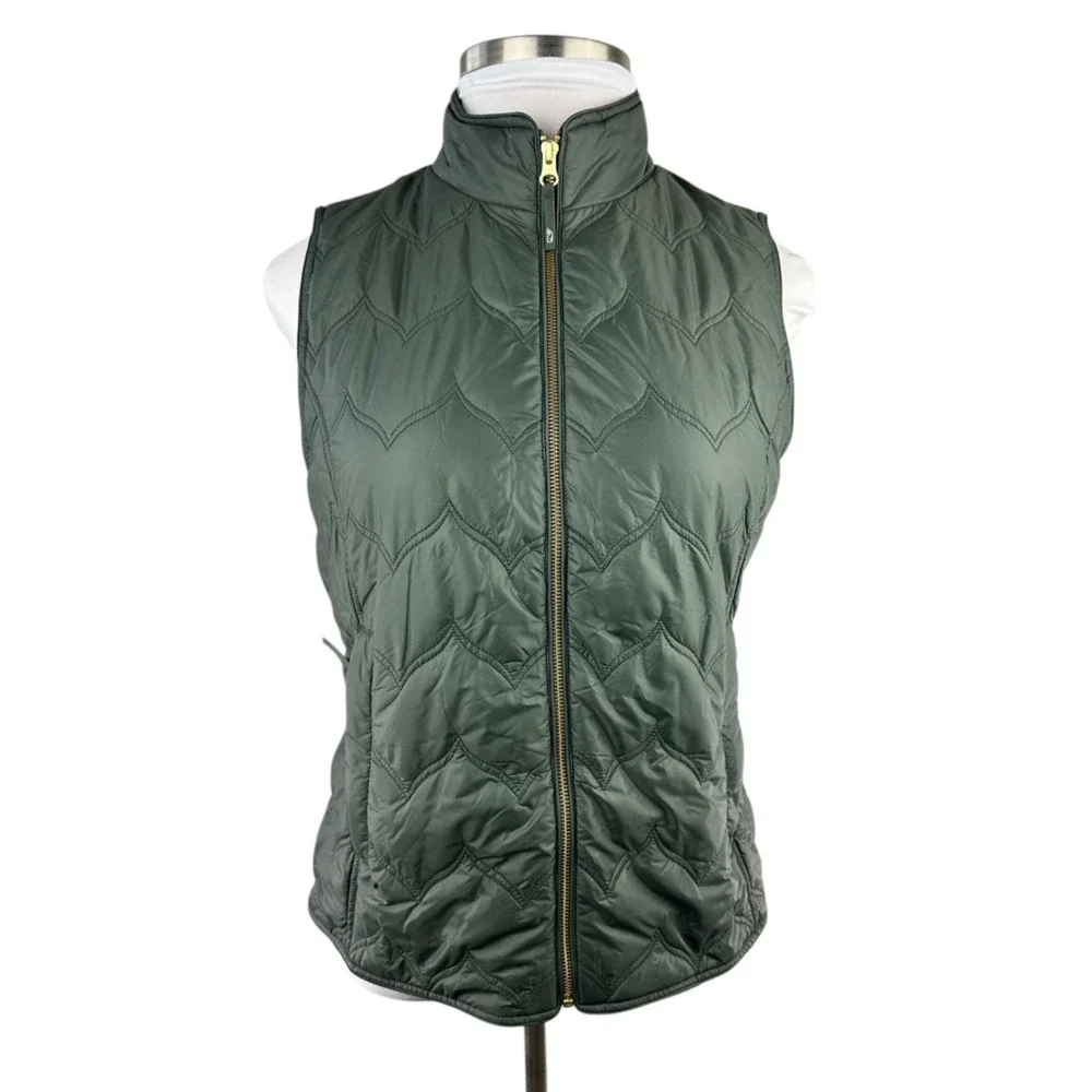 Vineyard Vines Chevron Quilted Whale Tail Vest Green Gold Full Zip Women's Large - Picture 2 of 14
